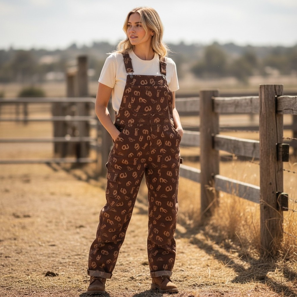 Duluth Trading Co Heirloom Gardening Bib Overalls Brown Western Print XXL 31